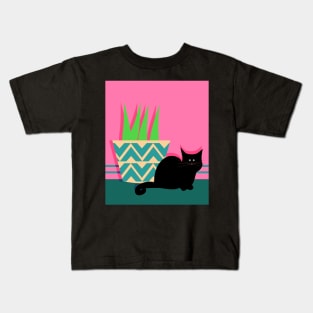 Cute cat and potted plant Kids T-Shirt